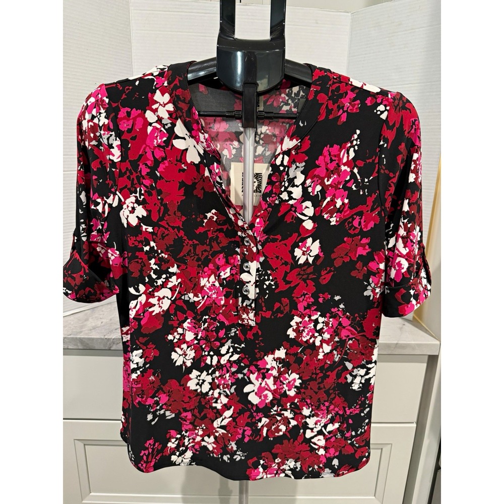 Anne Klein Women's M Floral V-Neck Adjustable Short Sleeve Button Front Blouse